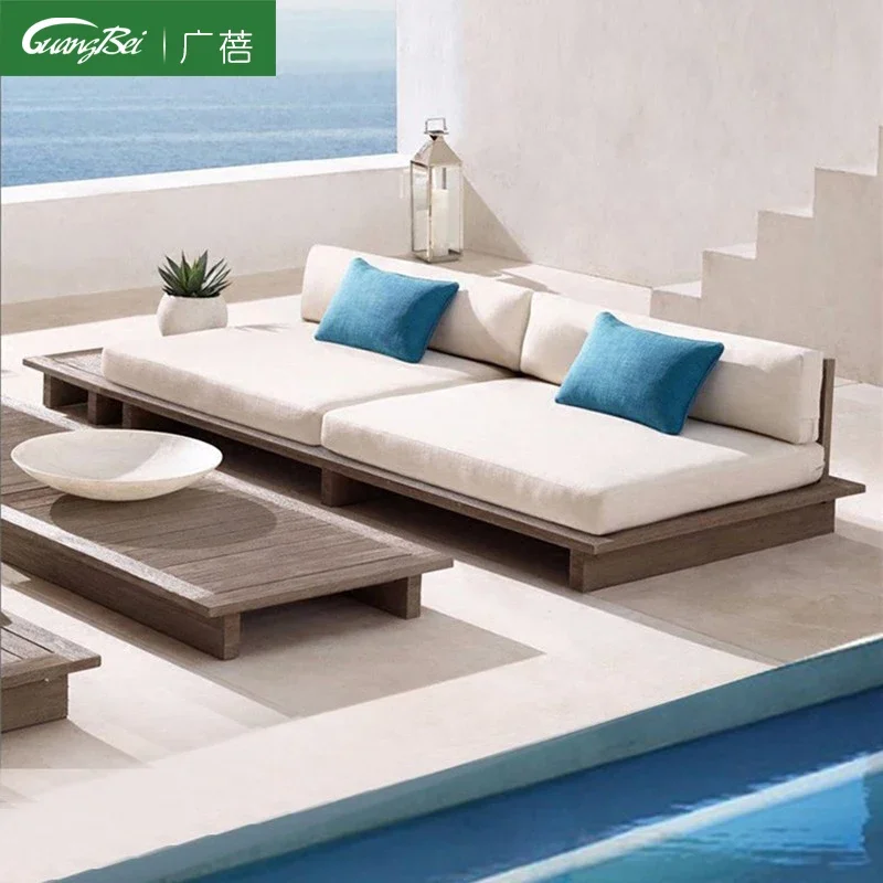 

Customized Nordic outdoor teak sofa waterproof sunscreen villa courtyard living room single simple leisure solid wood