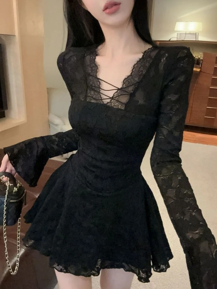 Korean Sexy Hollow Out Lace Long Sleeved Dress Black Fashion Design Thin Slim Dressses Hot Girl Spring Chic Skinny Y2k Clothing