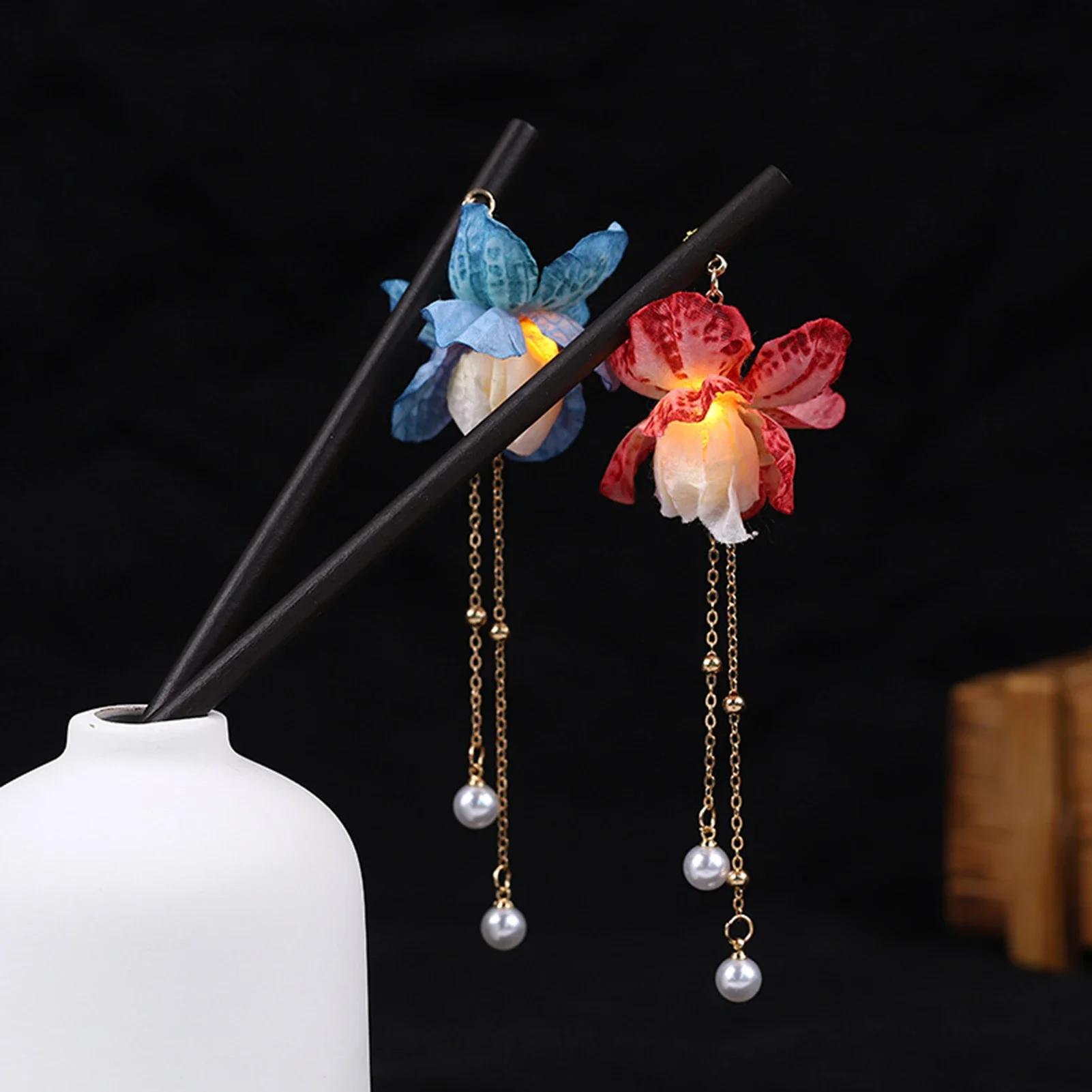 Ancient Style Hairpin Luminous Headwear Tassel Hanfu Hair Sticks Chinese Style Hair Accessories Wooden Hair Fork Headdress Gift