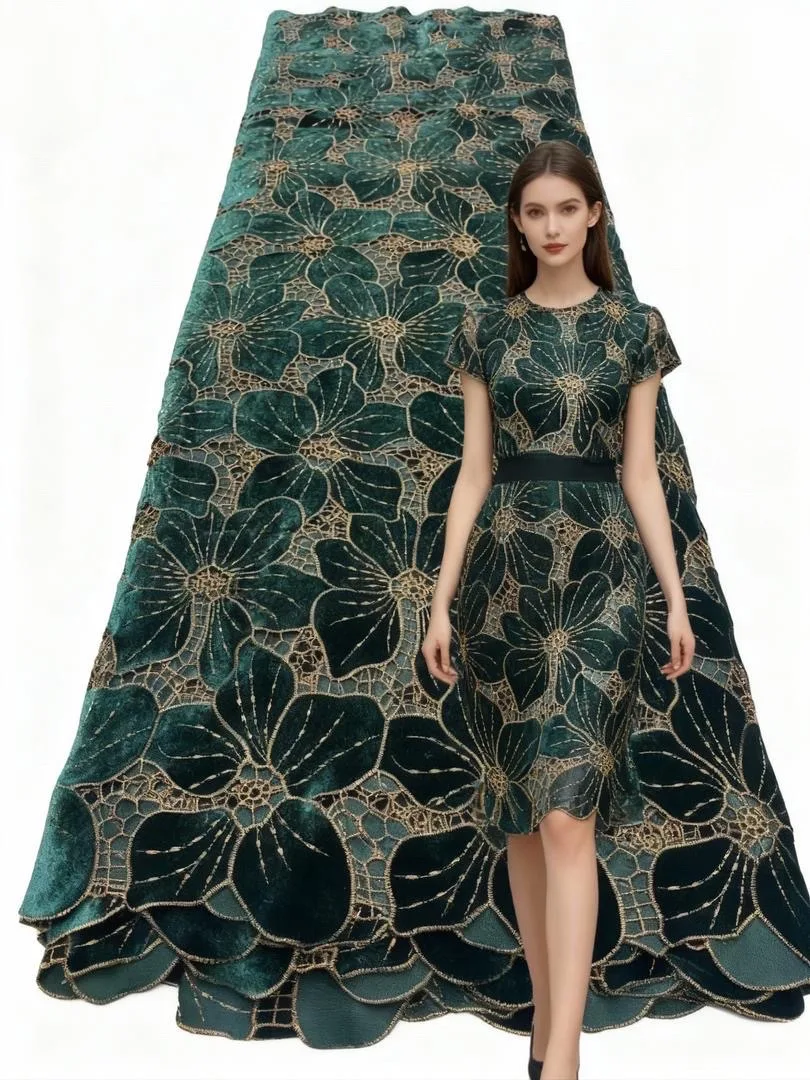 

Green African Velvet Lace Fabric 2025 Newest High Quality Lace Nigerian Embroidered African Velvet Lace Fabric 5 Yards Sewing