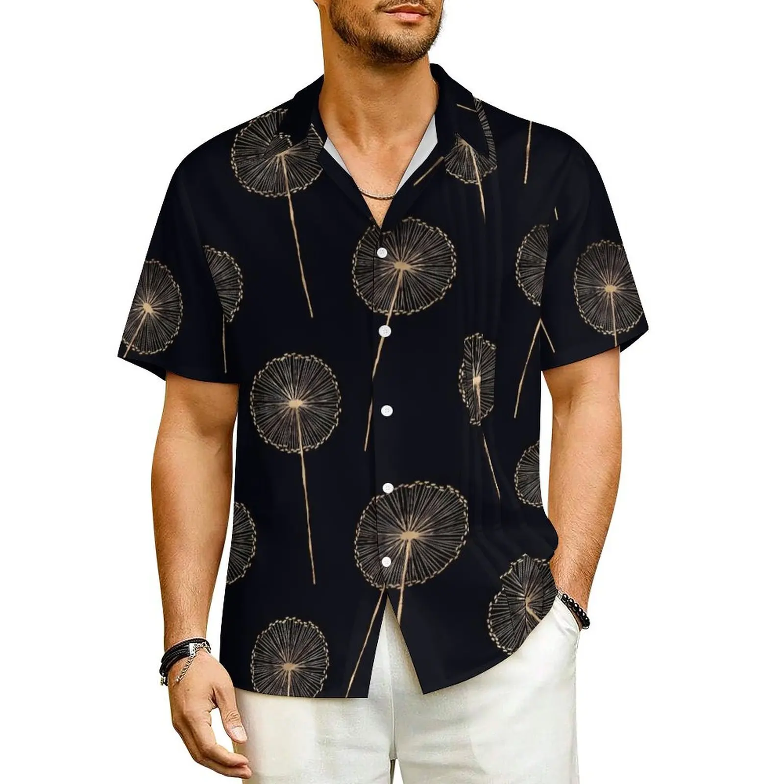 

Hawaii Shirt Vacation Dandelion Blouses Gold and Black Cool Casual Shirts Male Short Sleeves Streetwear Oversized Clothing