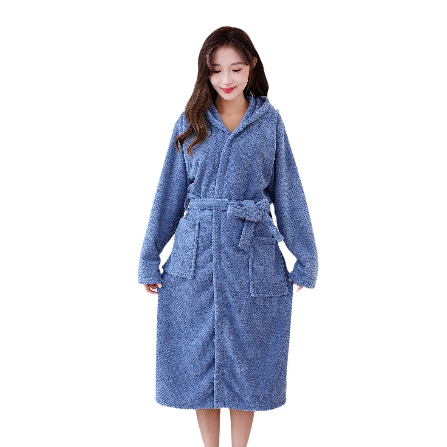 Coral Fleece Long Thick Absorbent Terry Bath Robe Light Weight Waffle Towel Bathrobe Sleepwear Women Dressing Gown Robes