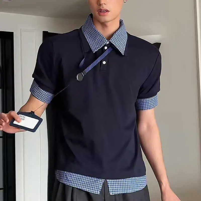 Fake Two-piece Plaid Polo-collar Shirt Short-sleeved Splice Design American Preppy Style Tshirts Casual Unisex Pullovers T-shirt