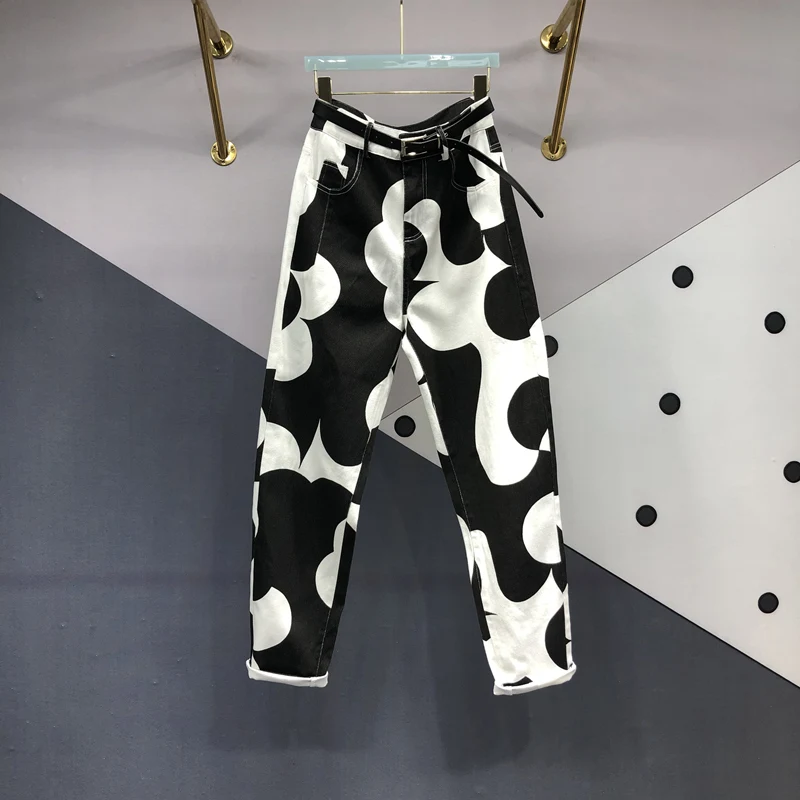 Irregular Printing Dyeing Raddish-Shaped Jeans Female European 2024 Autumn New Womens High Waist Slim Harem Pants Fashion