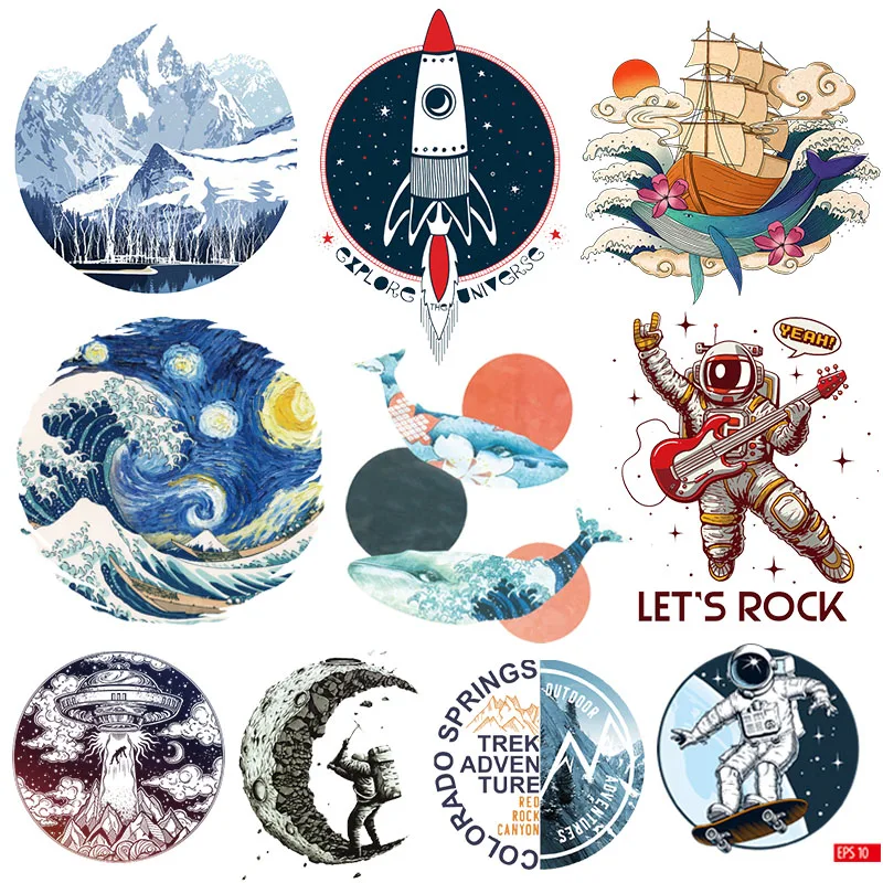 Van Gogh Space Astronaut Stickers Heat Transfers Mountain Thermal Patches For Clothing DIY Iron On Patches Ironing UFO Applique