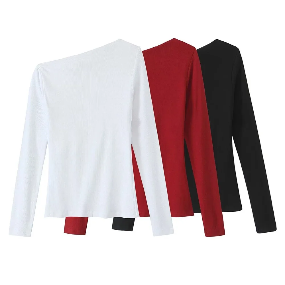 BMURHMZA Autumn New Women's Casual Fashion Simple Asymmetric Collar Ribbed Solid Color Long Sleeve T-shirt