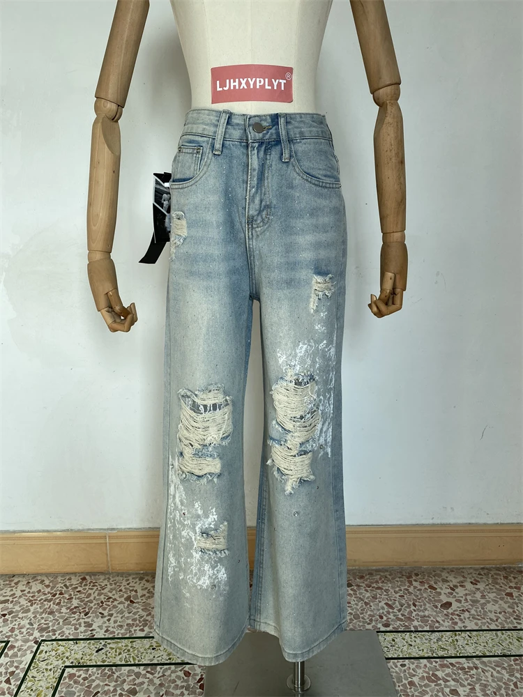 

Women's Printed Hollow Perforated Blue Jeans Personalized Loose Trousers Cool Girl Casual Bottoms Female Street Denim Pants