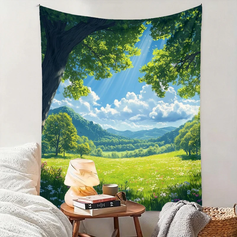 1PC Green Meadow Flower Art Print Backdrop Banner, Bedroom Living Room Photo Background, Polyester, Home Decor, Wall Art