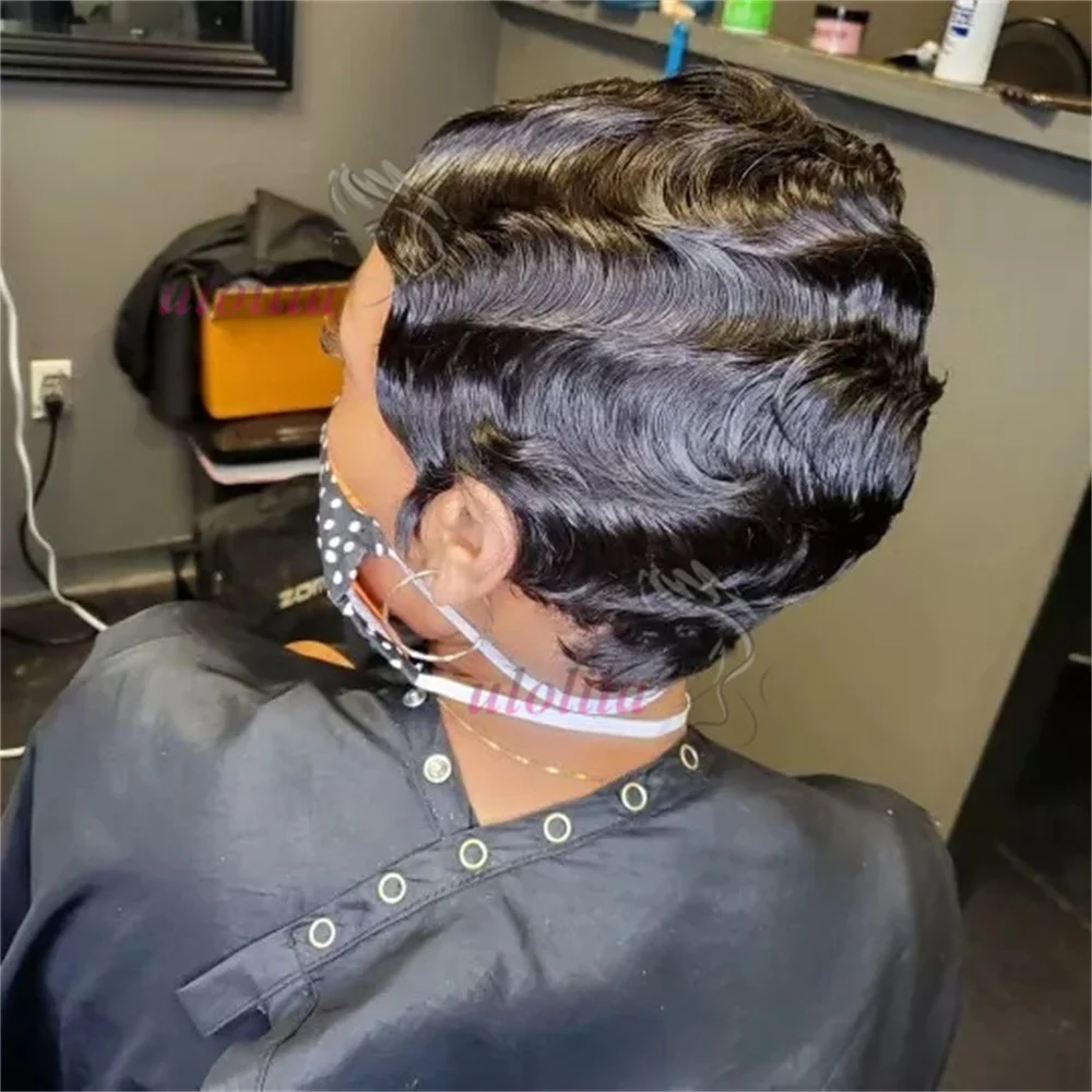 Pixie Cut Finger Wave Kurze Bob-Perücken für Schwarze Frauen, Echthaar Ocean Wave Kurze Indische Echthaar-Perücke 13X4 Lace Front Perücken – Detail 14