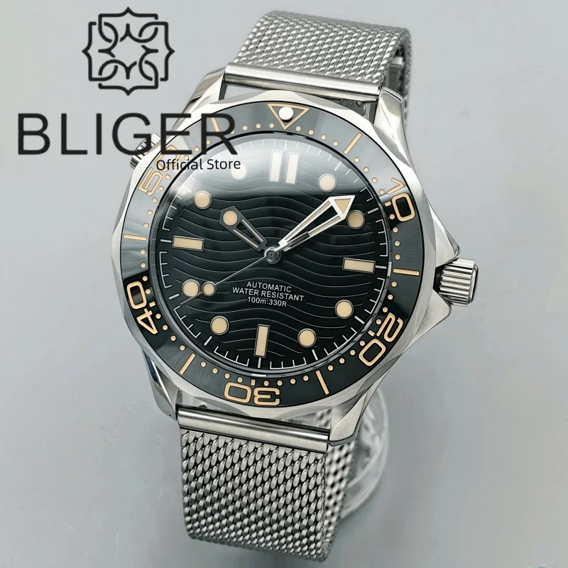 BLIGER BN007 NH35 Automatic Movement 41mm Men\'S Dive Watches Ceramic Bezel Domed Sapphire C3 luminous 100M Waterproof SolidSteel
