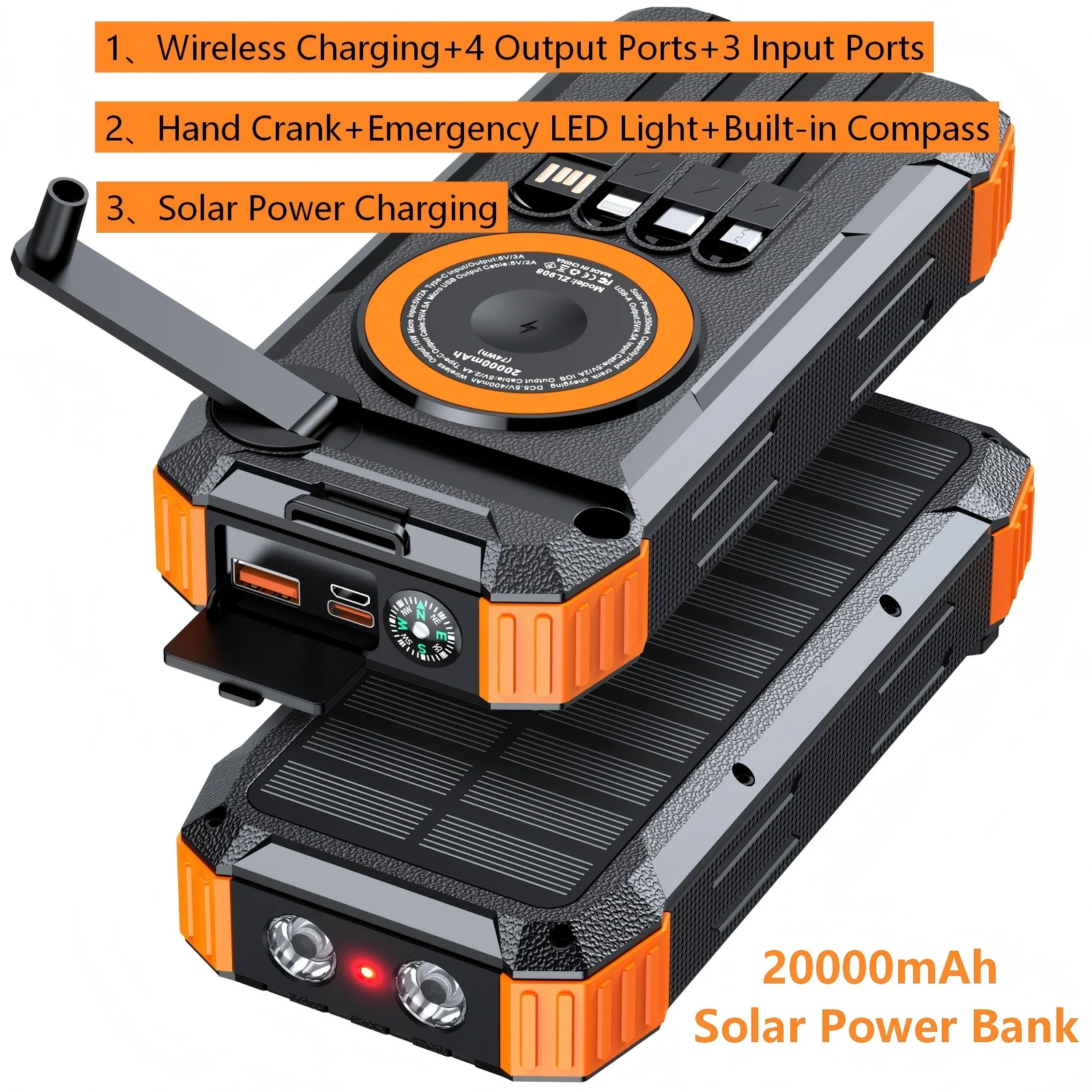 

Солнечный Power Bank на 20000 мАч, с ручным зарядом и беспроводной зарядкой, 3 входа, 4 выхода, аварийный светодиодный фонарь, встроенный компас