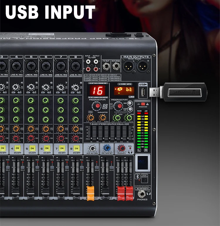 Video Equipments Music DJ Controller Live Sound Card Black Sound System Big Power 8 Channel USB Digital Audio Mixer Console