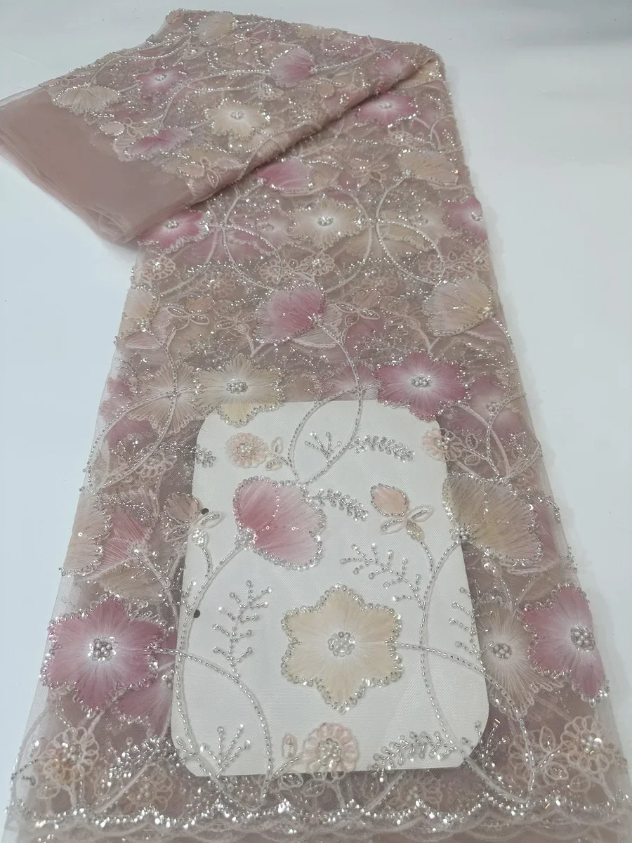 

2025 Высокое качество, новый стиль, роскошные 3D бусины ручной работы с блестками, африканская нигерийская французская кружевная ткань, свадебное платье PYX2506