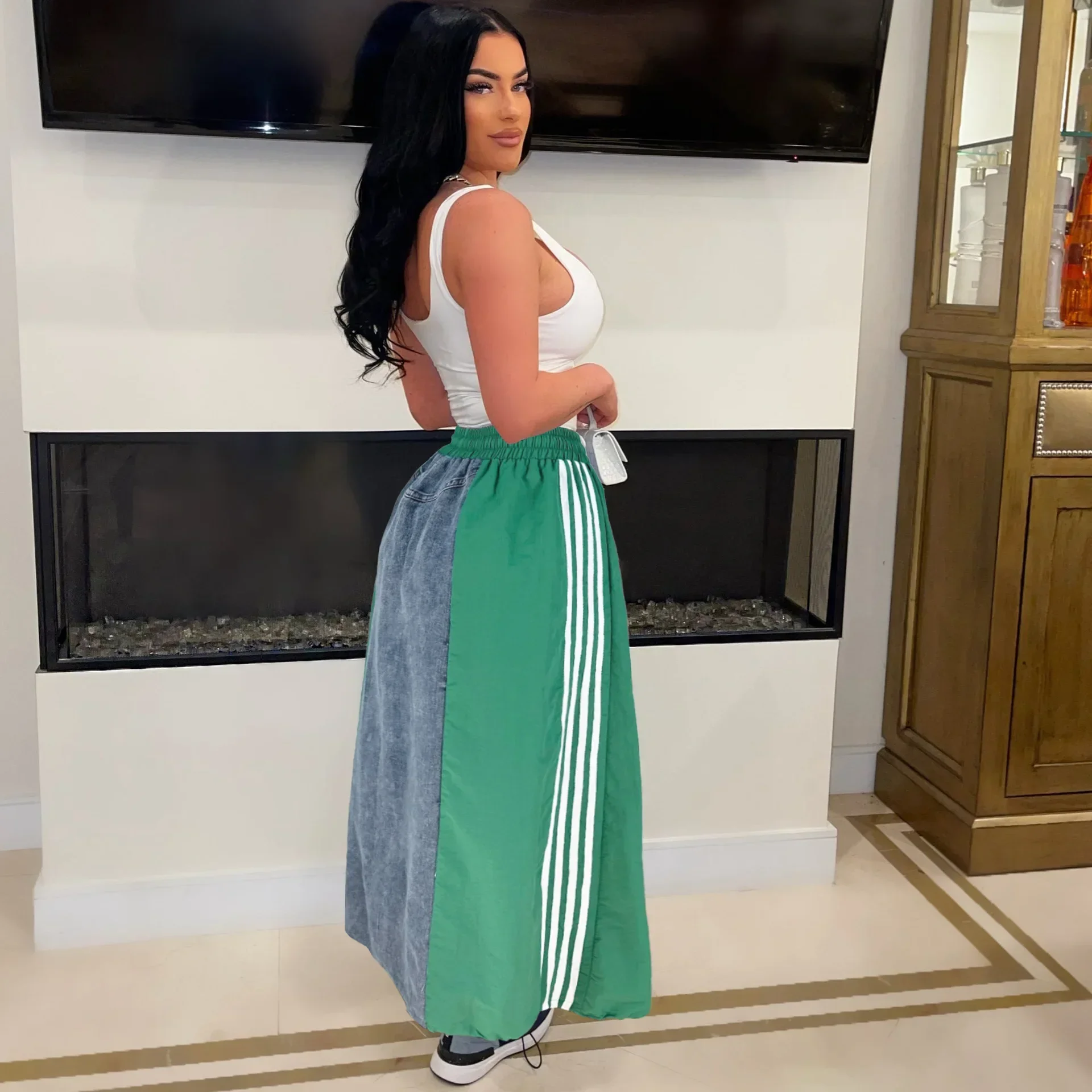 Stripe Denim Skirt for Women Contrast Color Patchwork Drawstring Lace Up Elastic Waist Loose Mid Calf A Line Skirts Autumn 2024