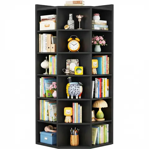 Aheaplus 7‑Tier Corner Cube Bookshelf, 18‑Cube L‑Shaped Storage Cabinet with Top Display Shelf, Space‑Saving Corner Organizer for Living Room, Bedroom, Home Office – Black