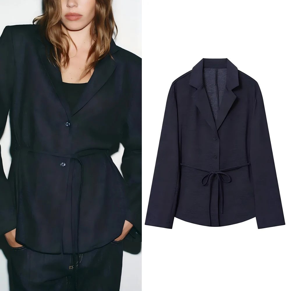 

Женская новая мода 2025 года с поясом, однотонная повседневная рубашка, стильный пиджак в стиле ретро, женское пальто на пуговицах с длинными рукавами, шикарный топ