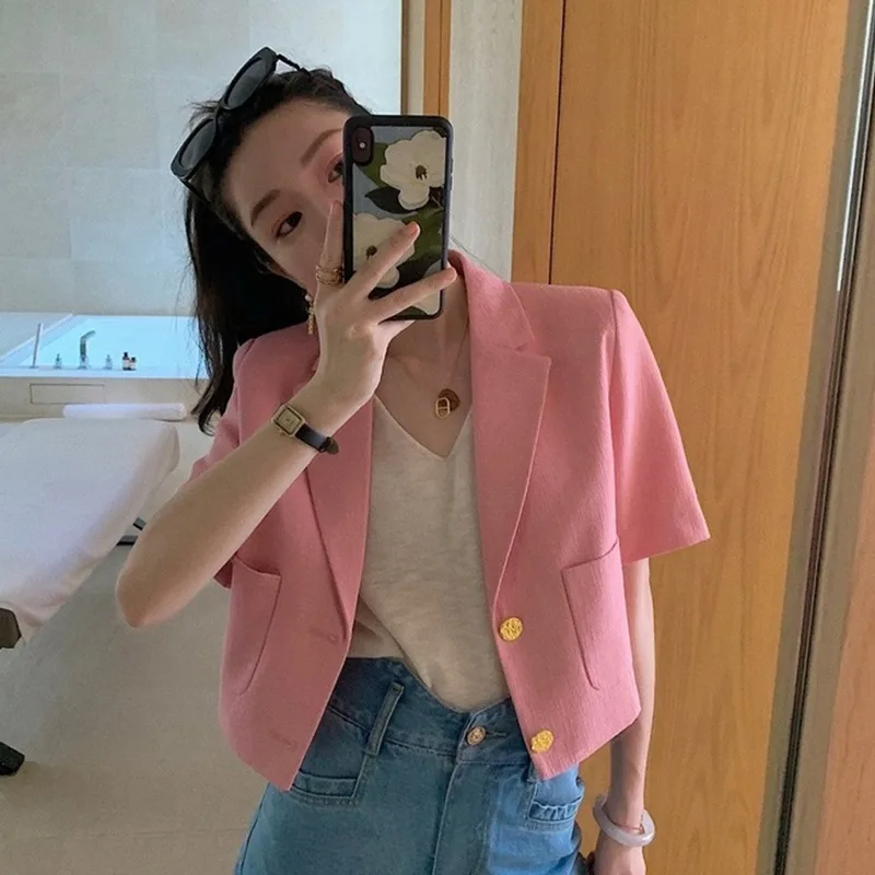 FANAN Classical Solid Color High Quality Blazer Women 2025 Korean Fashion Simple Jacket Woman Office Short Sleeve Thin Outerwear