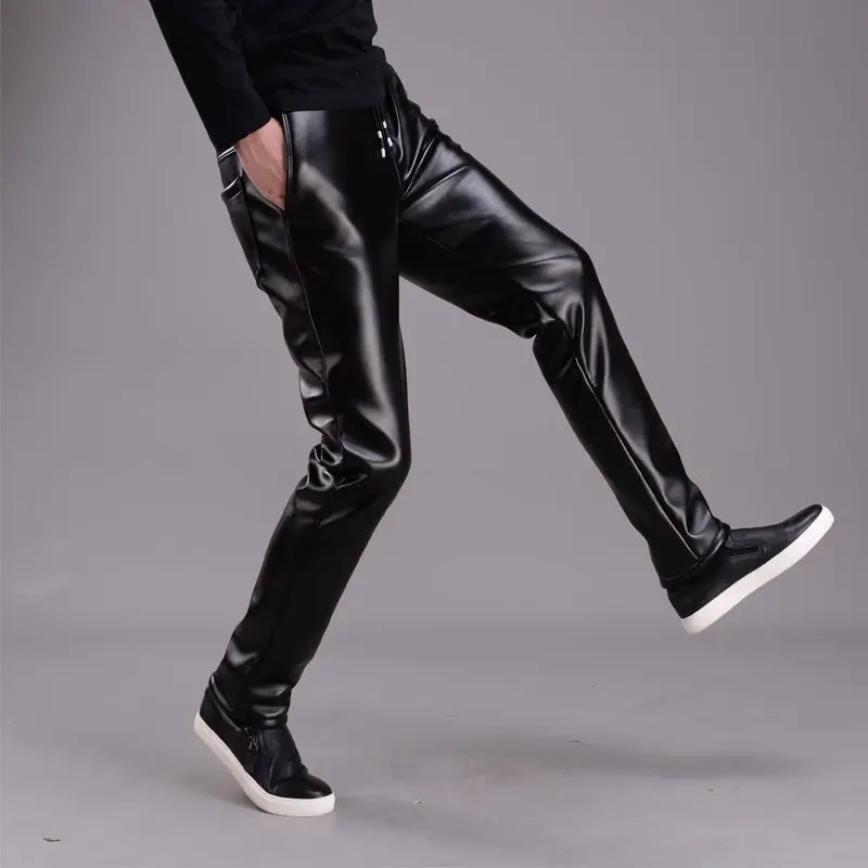 Spring Summer Men Leather Pants Elastic High Waist Lightweight Casual PU Leather Trousers Thin Causal Trousers