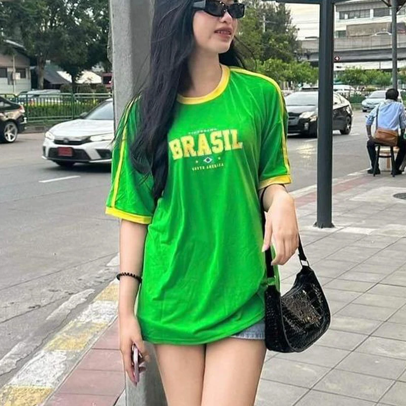 New Brazil Flag Yellow Y2k 00s Summer New Short Sleeve T-Shirt Women Basic Tee Shirt Women Casual V-neck Women Tshirt Female