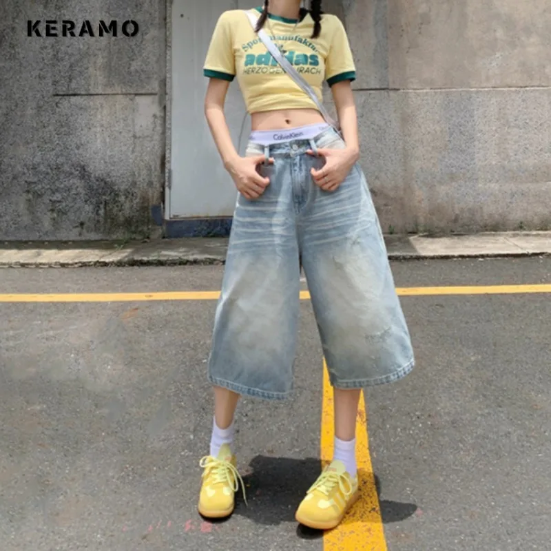 Damen lässig Retro weites Bein Baggy Denim Shorts Harajuku solide hohe Taille lose Jeans 2000 Sommer 1920er Jahre hellblaue Shorts