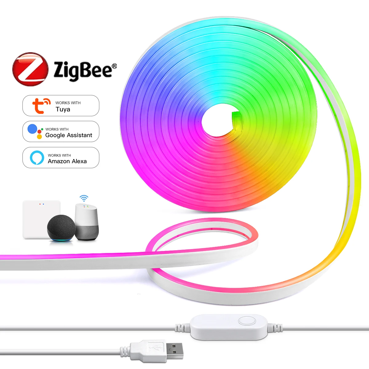 

Zigbee USB Neon RGB LED Strip Light Dimmable 5V Waterproof Tape for Tuya Smart Life Gateway Bridge SmartThings Alexa Google