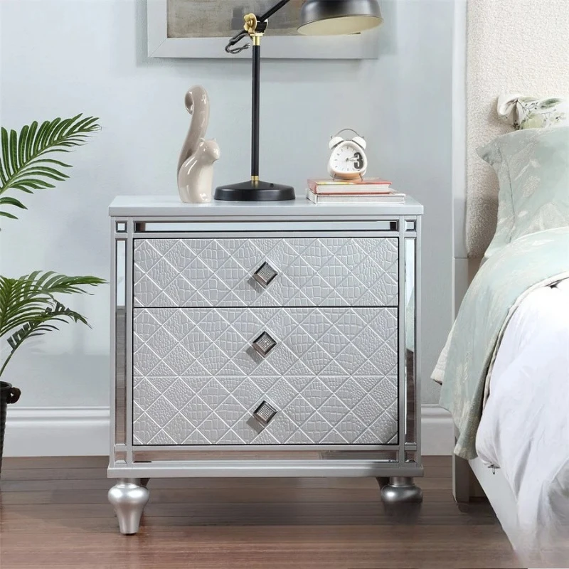 Silver or white bedside table with three drawers