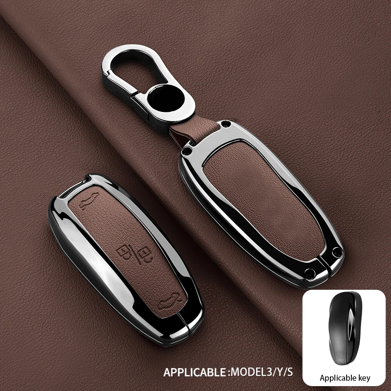 Metal Ieather Car Key Cover For Tesla Model 3/Model Y/Model S, Hard Shell Key Case With Keyring, Anti-lost Key Accessory