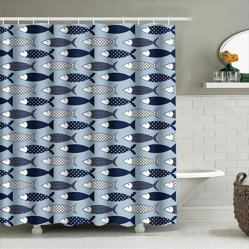 

Blue Navy Fish Print Shower Curtain Waterproof Decor Bathroom Accessories Customizable Size Modern Home Decoration