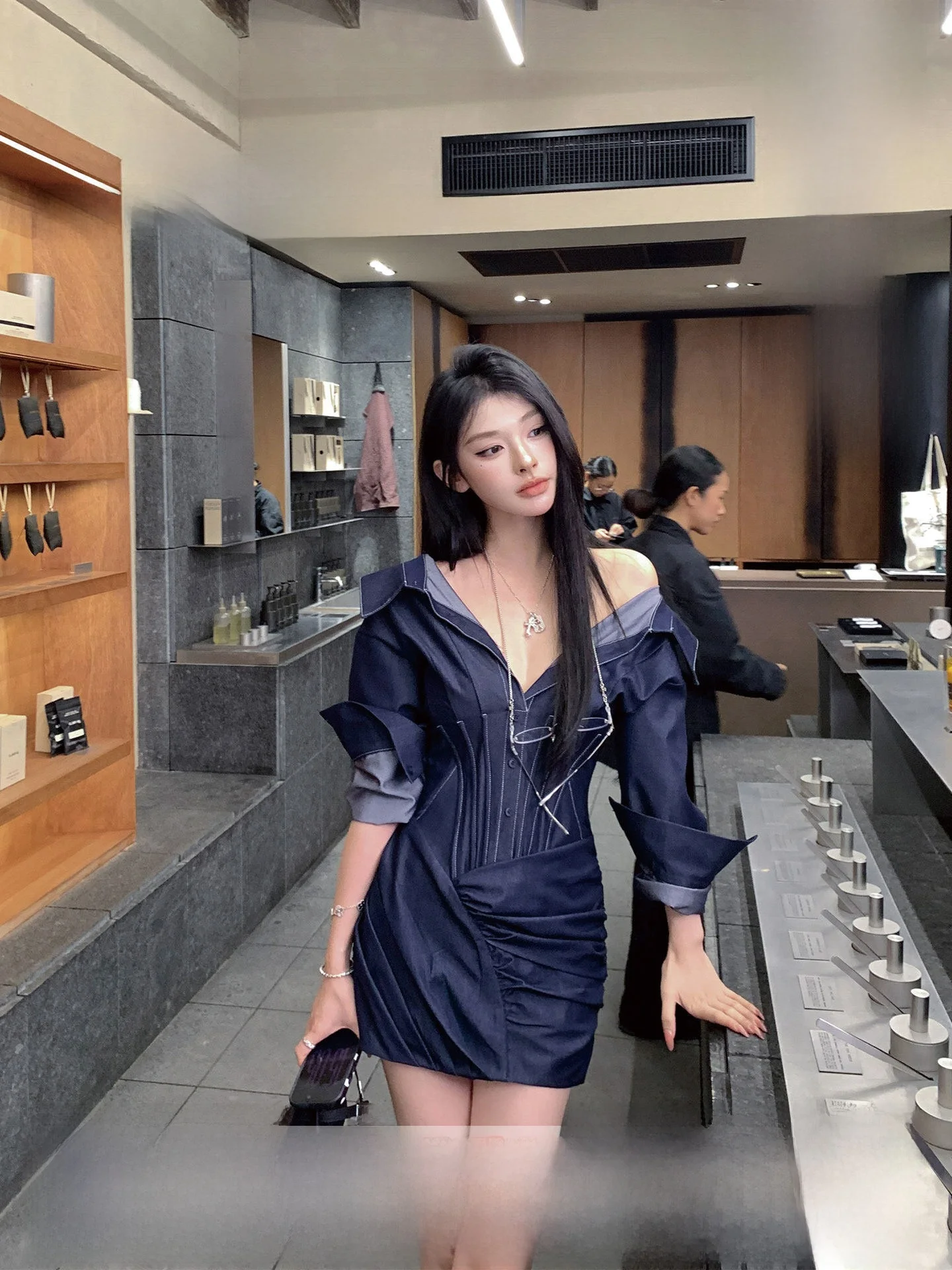 

Джинсовое платье с отворотами на талии, винтажное, весеннее, с длинными рукавами, повседневное, премиум-класса