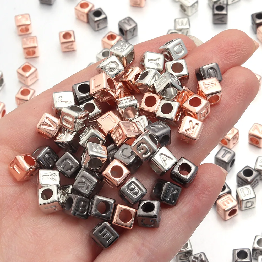 100Pcs CCB Square Large Hole Letter Beads,  6MM Rose Gold Black Charms for DIY Bracelets Necklaces, Handmade Jewelry Accessories