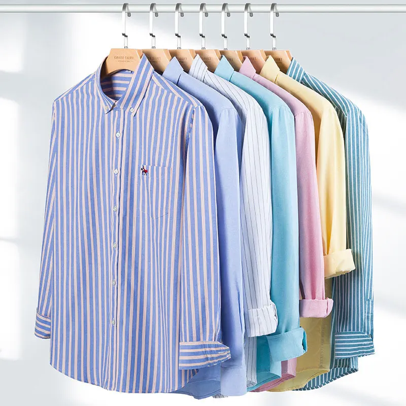 Camisa de manga larga para hombre, camisa 100% de algodón, tejido Oxford, a rayas, no tiene plancha, bordado antiarrugas, informal, para primavera y