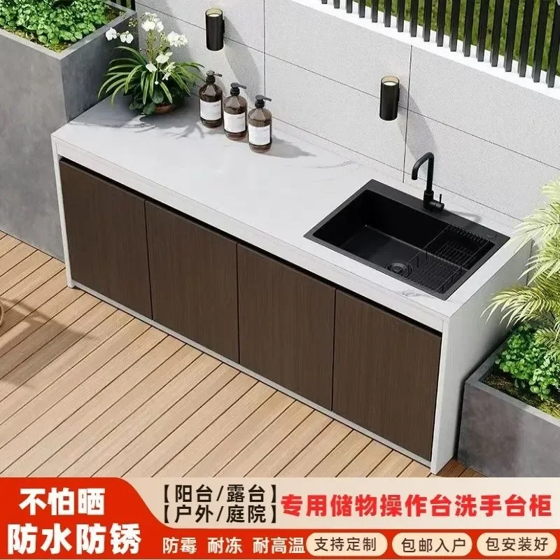 Outdoor Garden Slate Wash Table Cabinet Integrated Sink for Balcony Vegetable Washing Storage Unit Weather Resistant Utility