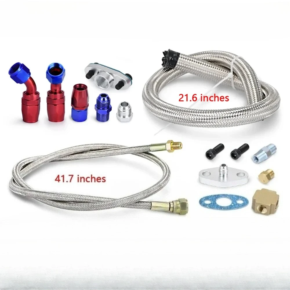 

Универсальный комплект маслопроводов для турбонагнетателей (линия подачи, линия возврата, трубка слива масла) совместим с T3 T4 T3/T4 T70 T66 T04E, серебристый