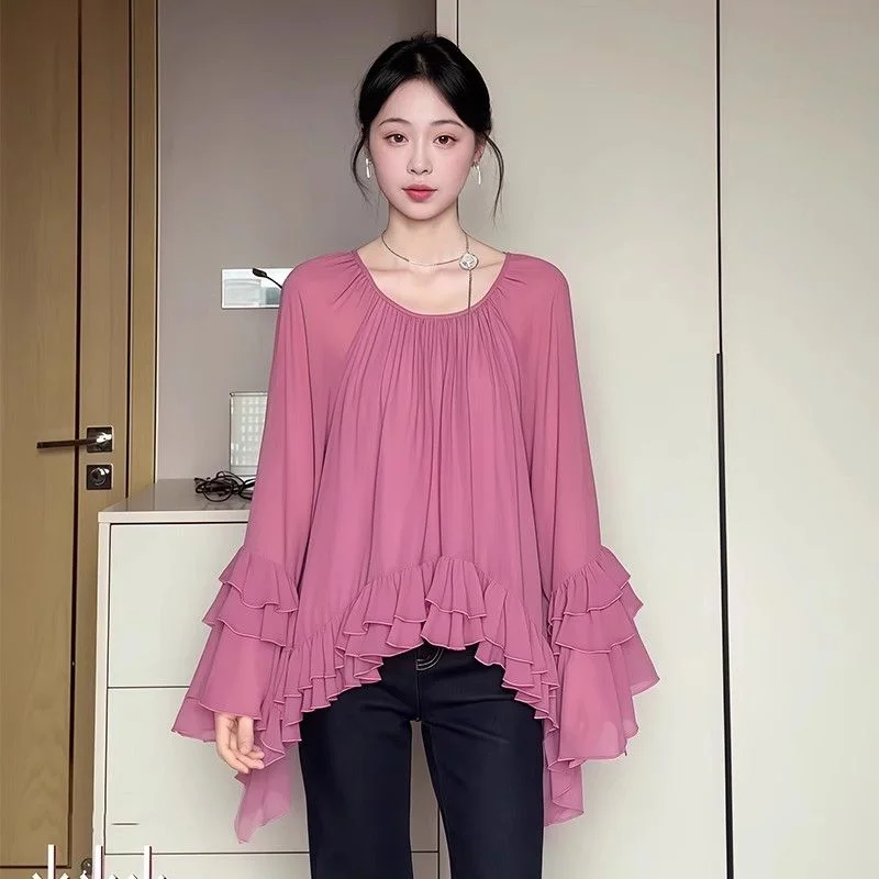 

Французская элитная женская рубашка с длинными рукавами нестандартного дизайна, весенний новый шикарный свободный топ с рюшами