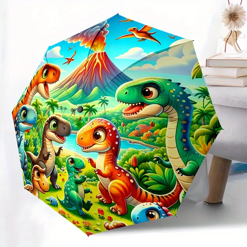 Automatisch öffnender/verschließender Regenschirm – kompakter, faltbarer Dinosaurier-Regenschirm, stabiler Rahmen mit 8 Rippen, tragbarer Reise-Regenschirm für Damen