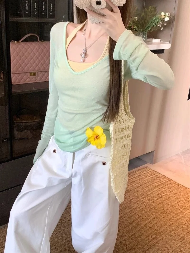 Korean Style Sweet Sun Protection Shirt Women's Summer Thin Long Sleeve T-Shirt Shoulder Width Regular V-Neck Slim Fit Top