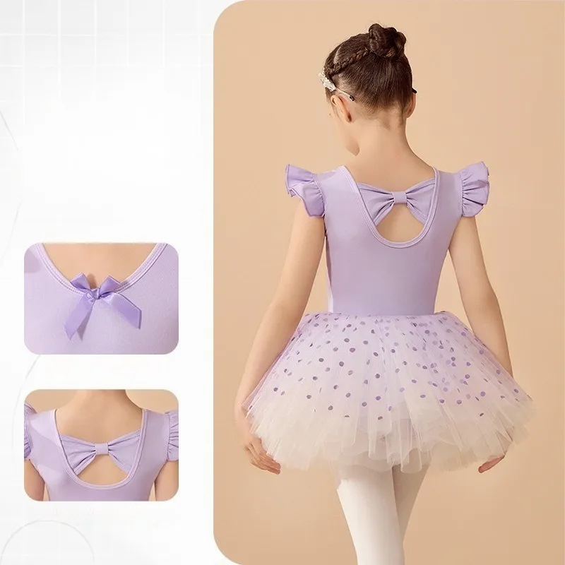 

Girls Ballet Toddler Dance Leotards Ruffle Short Sleeve Criss Cross Straps Back Rhythmic Gymnastics Outfits Bowknot Front Cotton