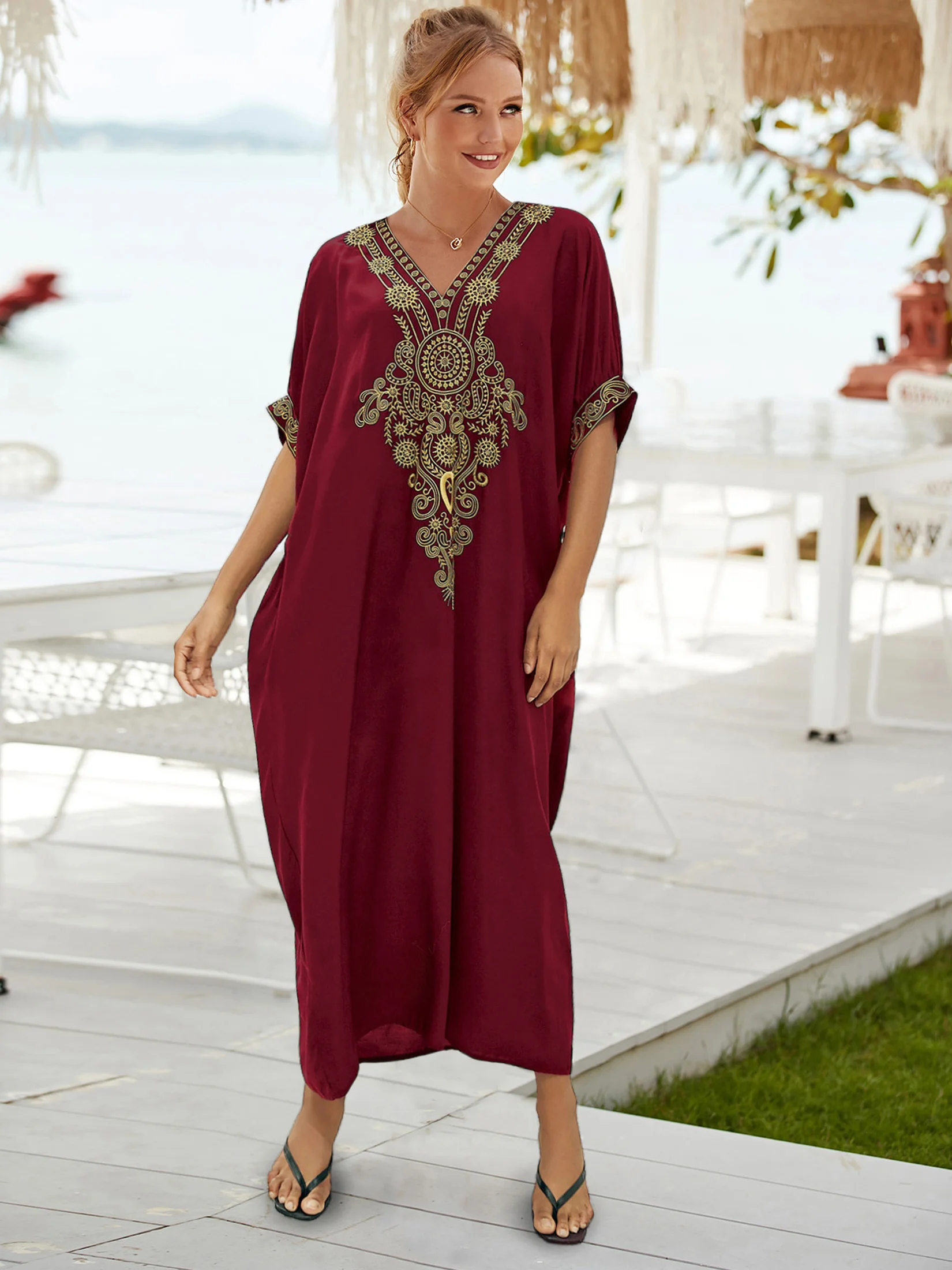 Bohemian Plus Size Embroidered Kaftan V-neck Puff Sleeve Casual House Dress 2024 Women Summer Beachwear Swimsuit Cover-ups Q1581