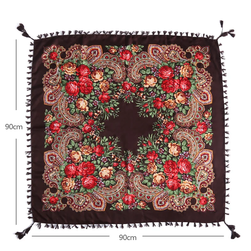 90*90cm Vintage Print Square Hijabs for Women Traditional Tassel Shawl Scarf Cotton Blend Headscarf Windproof Turban