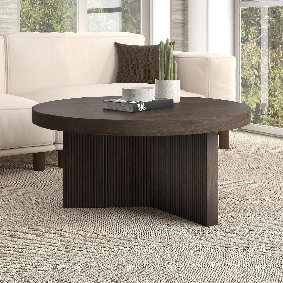 32 Scandinavian Fluted Coffee Table for living room, solid wood, natural oak finish, minimalist design with tapered legs and so