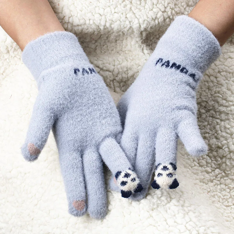 Luvas de malha femininas luvas espessadas panda dedo tela sensível ao toque luvas de ciclismo da moda inverno quente novo estilo