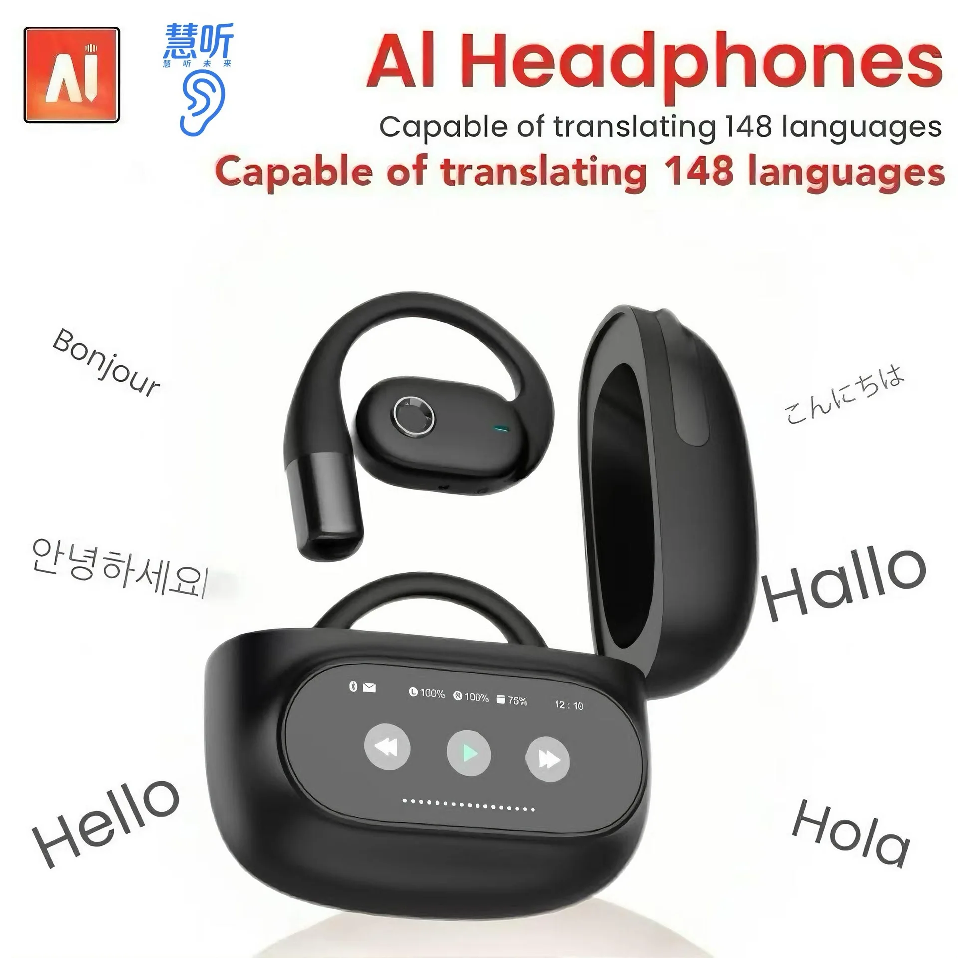 

AI Translation Bluetooth Headphones Full Color Touch Screen Simultaneous Interpretation Ear Hook Wireless Earphones HIFI Earbuds