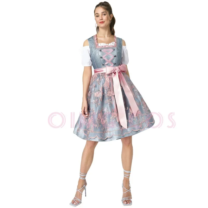 Vestido de fiesta de cerveza de Munich de Halloween, vestido tradicional de encaje bávaro con tirantes y hombros descubiertos, conjunto de sirvienta