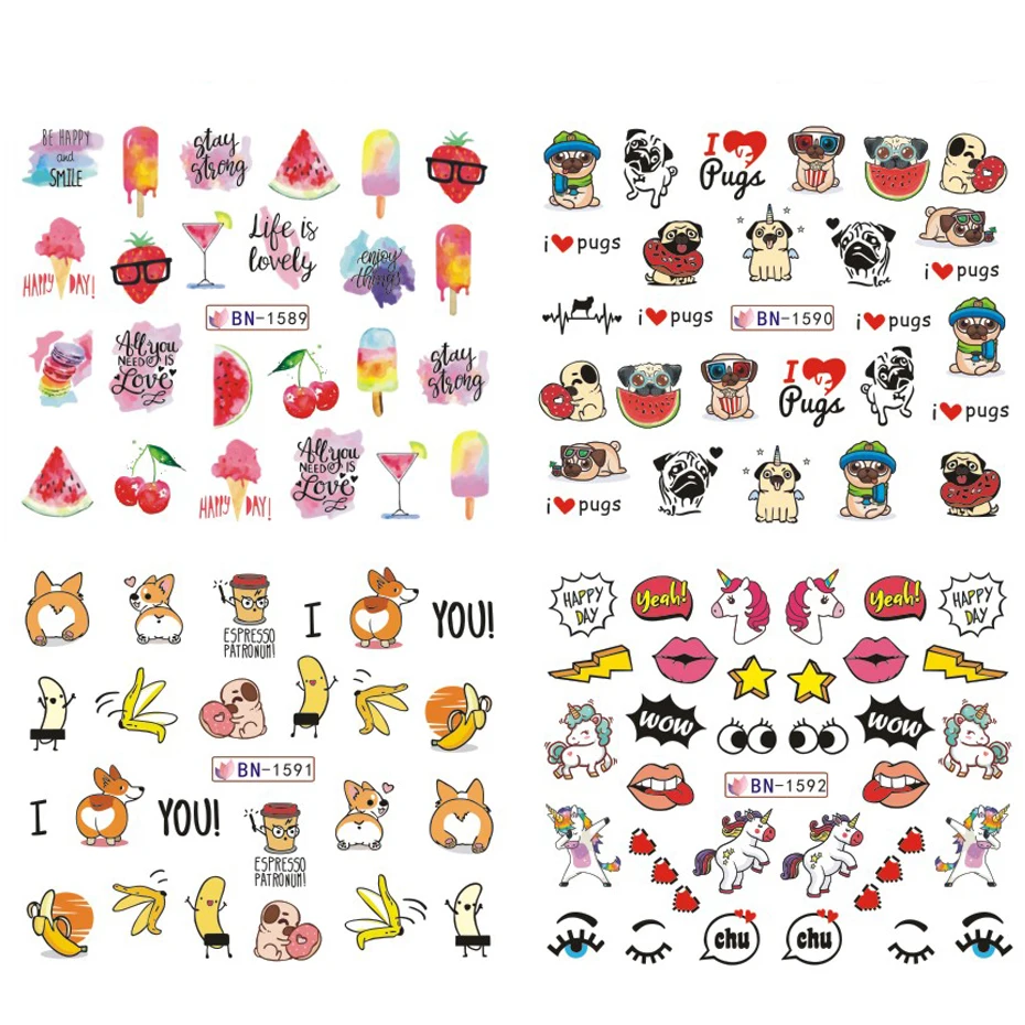 12 Design Water Transfer Nails Stickers Sliders Kawaii Cartoon Avocado Decals DIY Summer Spring Gel Polish Manicure Decoration