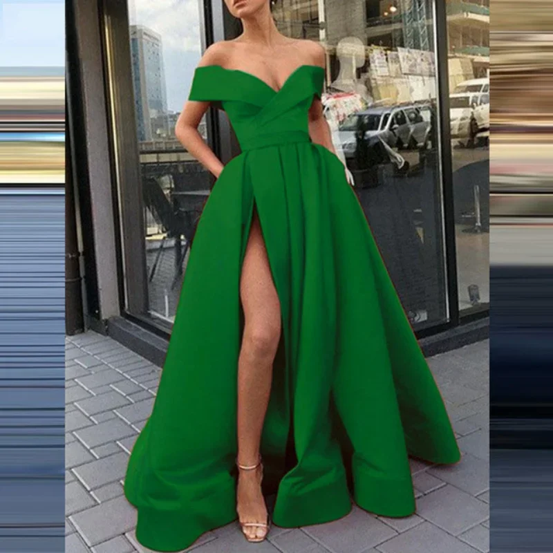 Customized Sexy Deep V Neck Long Party Dress Solid Elegant Sleeveless High Slit Dress Lady Fashion Off Shoulder Pleated Maxi Dre