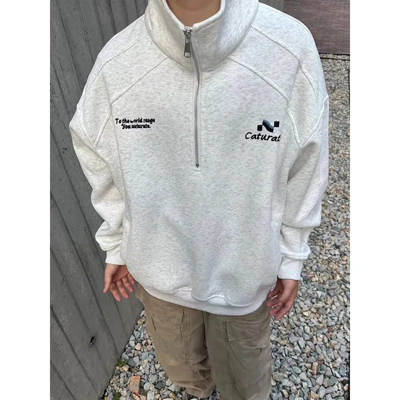 Autumn Heavyweight Men's Zipper Hoodie High Street Style Embroidered Letter Stand Collar Jacket Stripe Splicing Outerwear