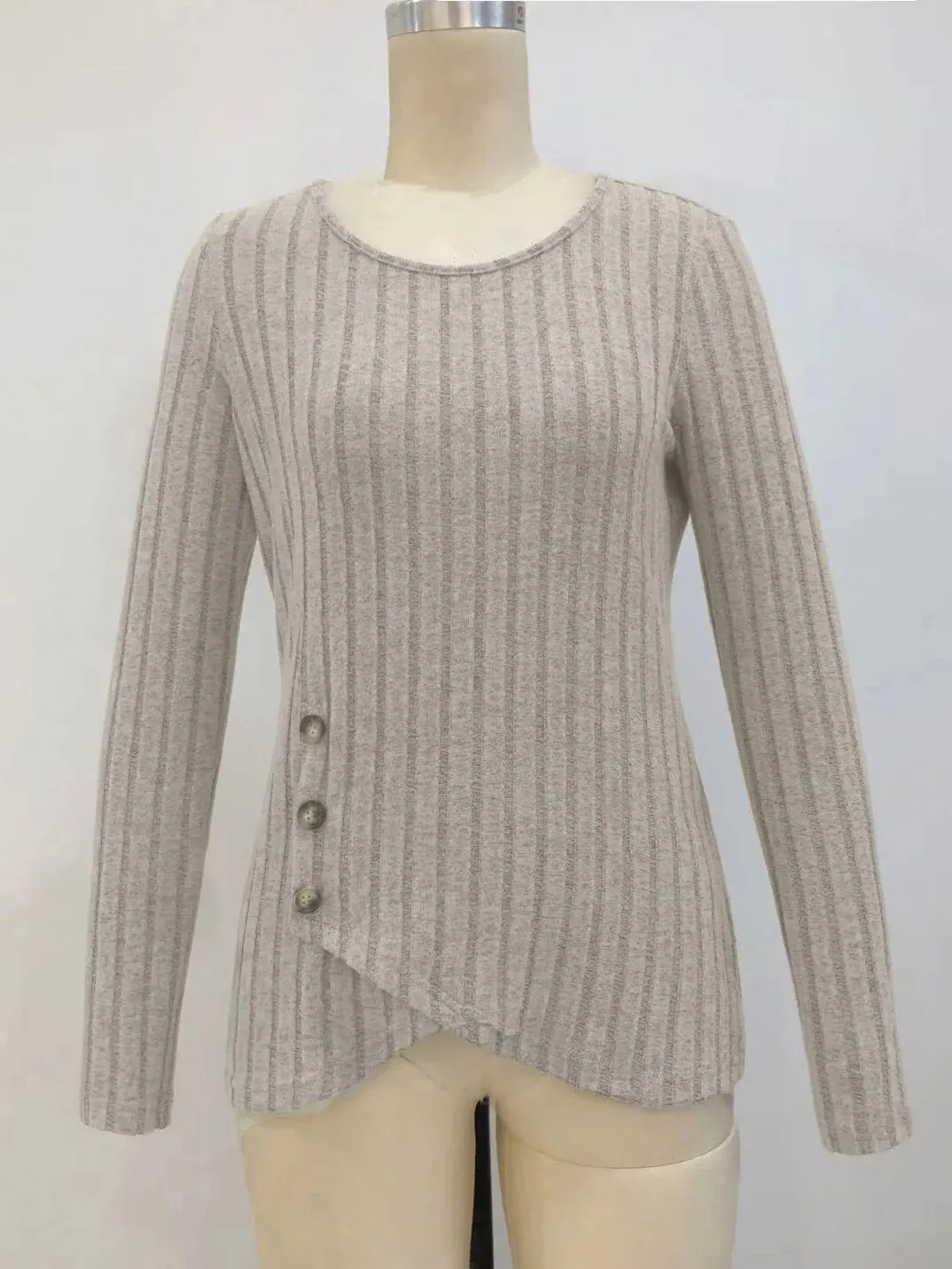 Autunno Inverno a maniche lunghe Girocollo Top Moda donna Casual Irregolare Tinta unita Street Style Bottoni Pullover Maglietta Nuovo