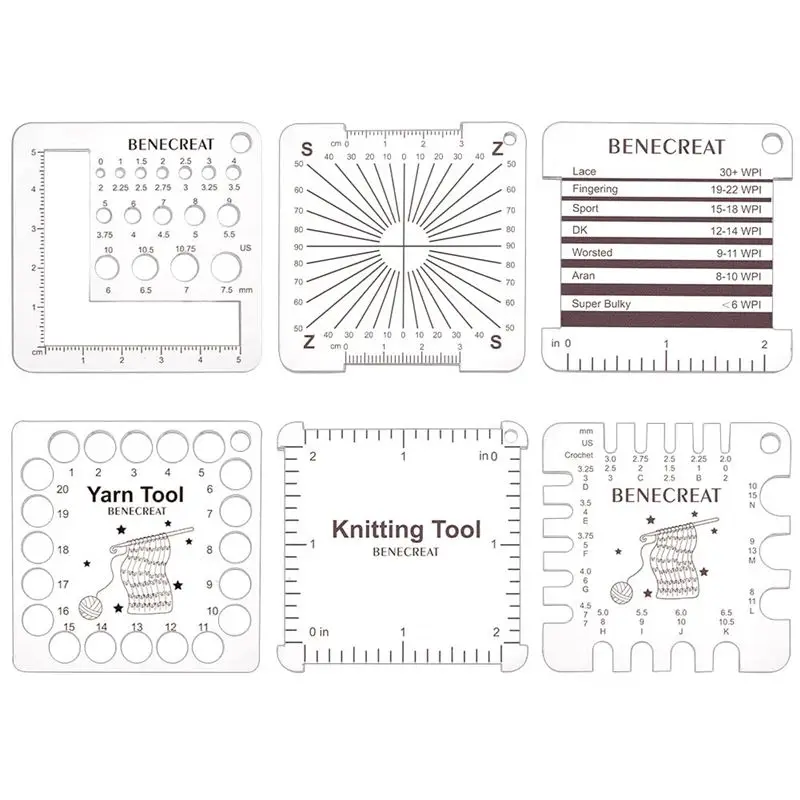 FAST-6 Styles Acrylic Knitting Gauge Rulers, Crochet Hook And Yarn Wrap Per Inch Guide Knitting Tool For Spinners Yarn
