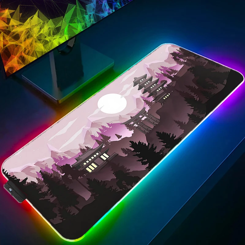 RGB LED Mouse Pad Desk Mat Anime Play Mat Gaming Mountain Forest Pagoda Torii Mousepad Speed Computer and Office Keyboard Pad