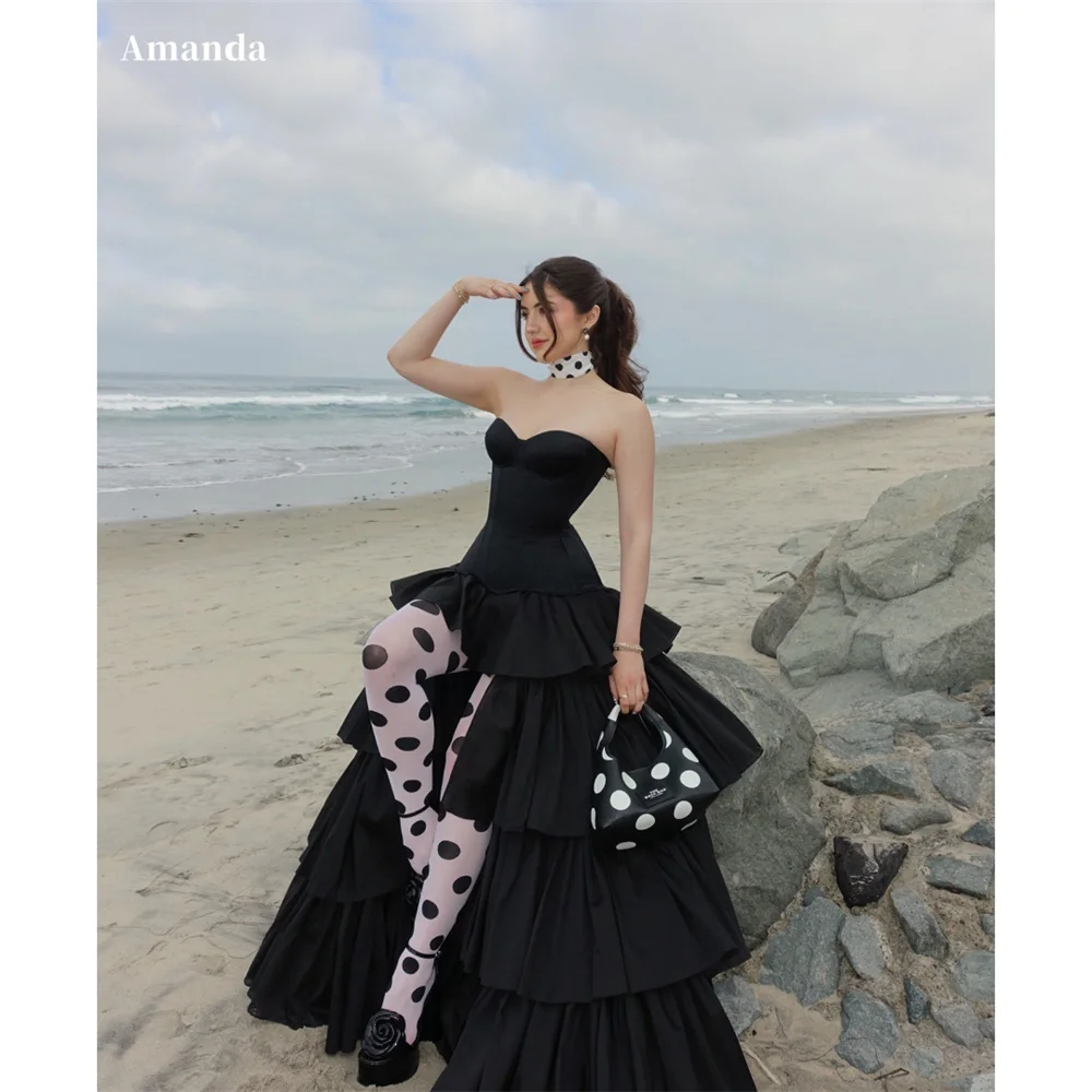 Amanda Customized Black Strapless Tiered Ruffle Prom Dress Corset Sleeveless vestidos de noche Elegant Ball Gown Formal Evening
